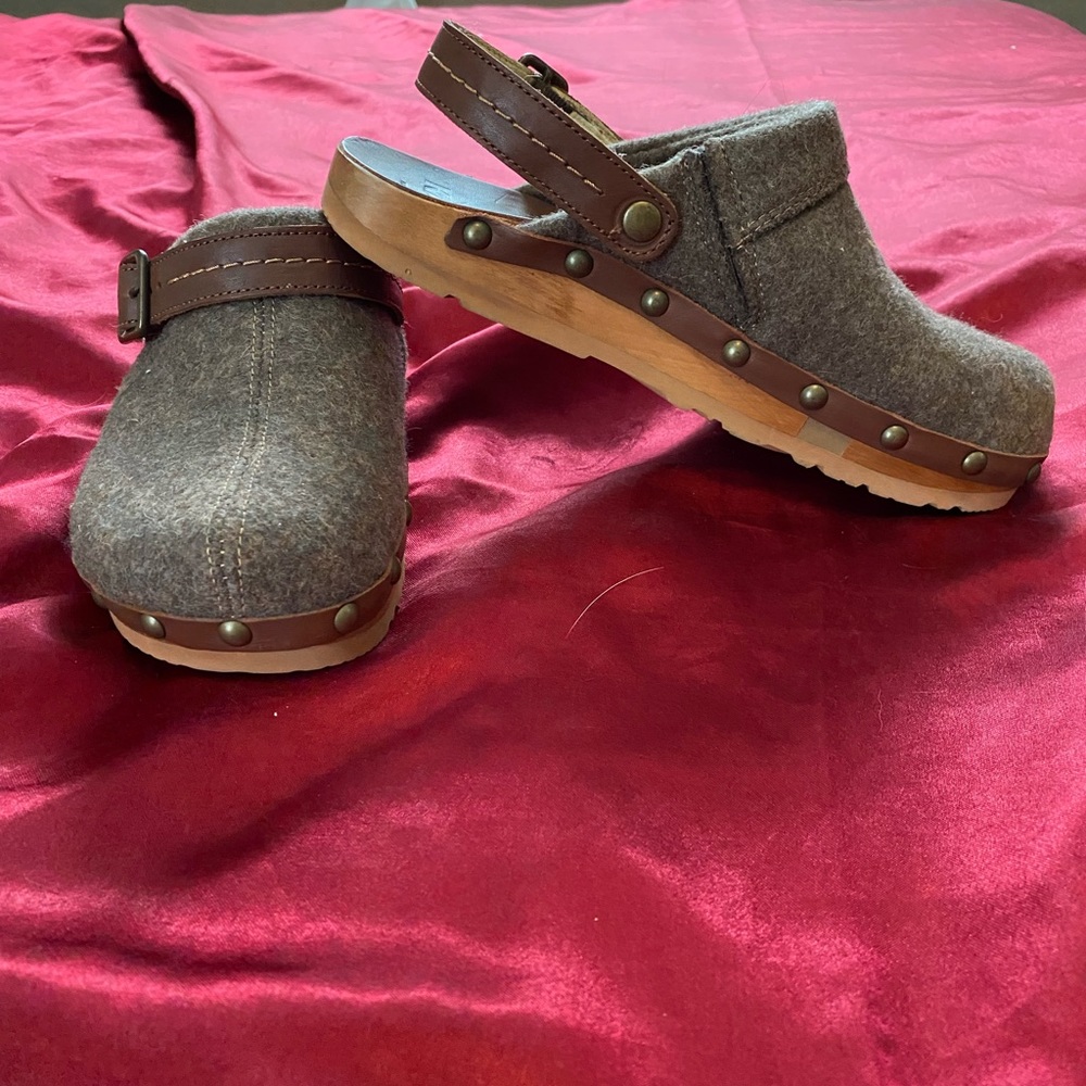 Brown and grey clogs